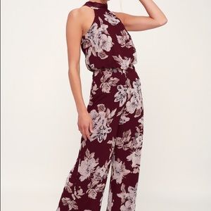 Lulu’s Burgundy Floral Print Wide-Leg Jumpsuit - S